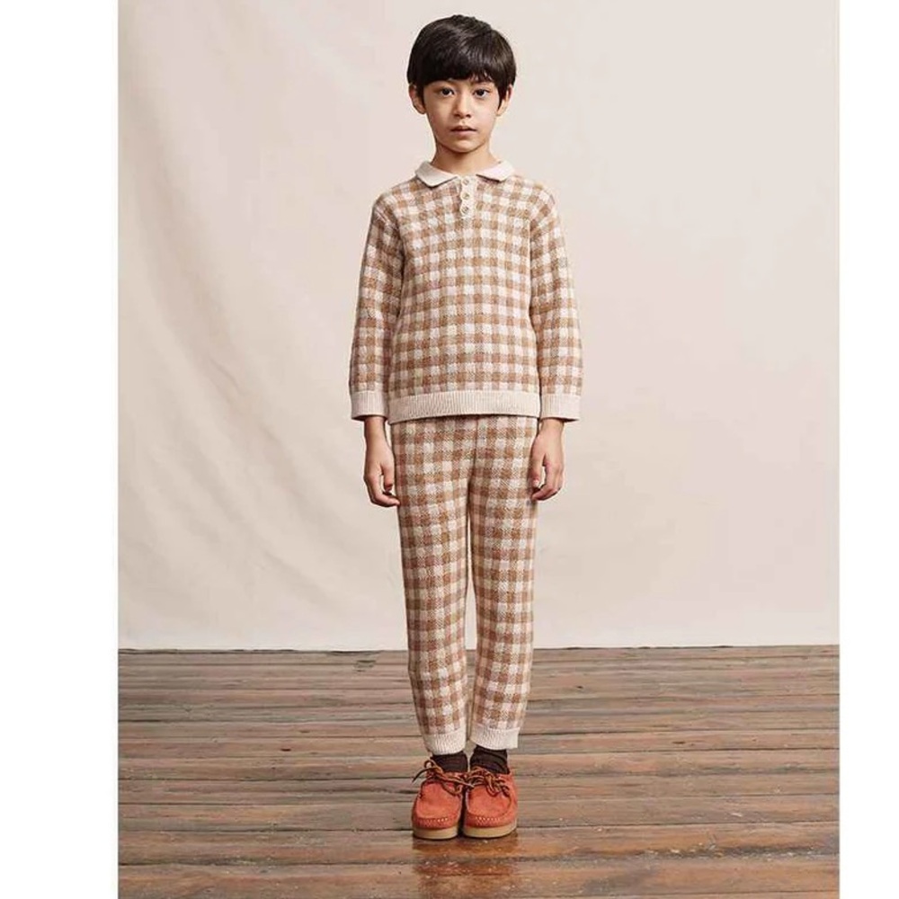 BEBE ORGANIC • Ian Jogger, Camel Gingham, NWT, Size: 12yrs